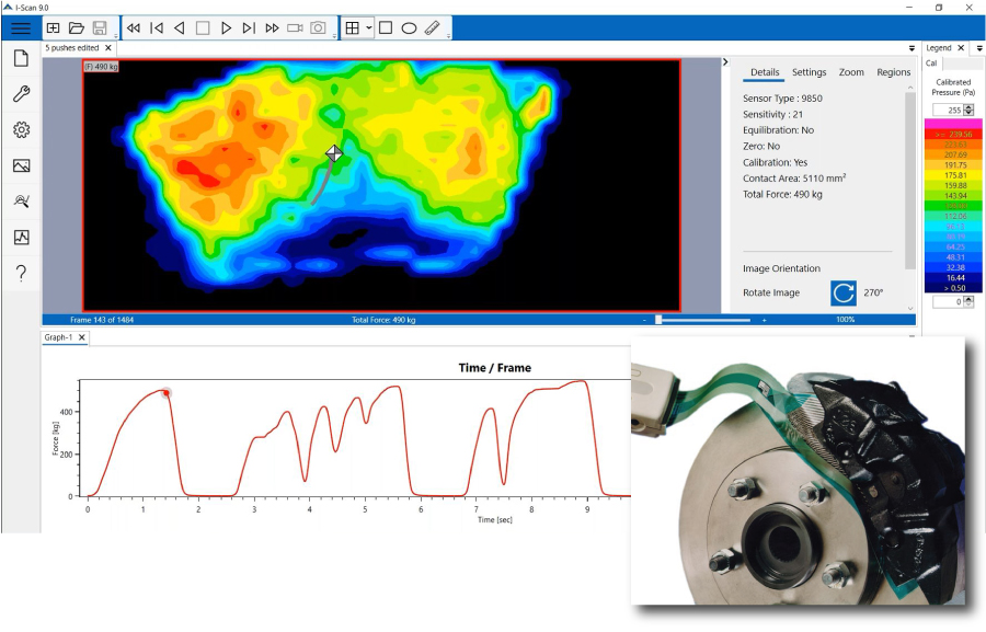 Standard I-Scan software window displaying the pressure distribution across a brake pad and rotor.