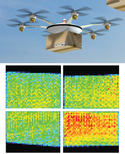 Figure 1: Four individual sensors were placed onto a box. Pressure points were monitored in-real-time as the drone gripped and lifted the box into the air. The bottom-right quadrant clearly shows tighter grip force than the others.
