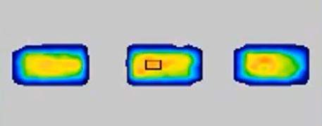 Figure 2: This image displays pressure output from a heat sink after different adjustments in the manufacturing process. The pressure feedback on the right clearly displays lesser pressure uniformity toward the bottom, while the middle image shows excessive pressure toward the center.