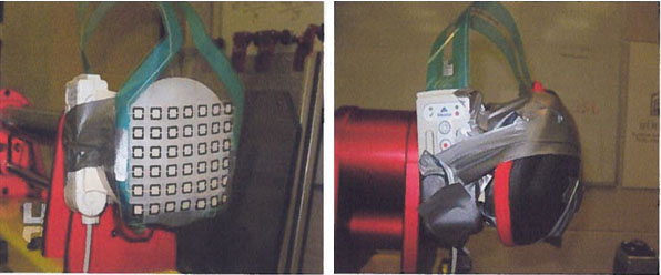 Example of Tekscan's High Speed I-Scan force and pressure measurement system used between the linear impactor cap and shoulder pad. Image Courtesy of Kendall et al.