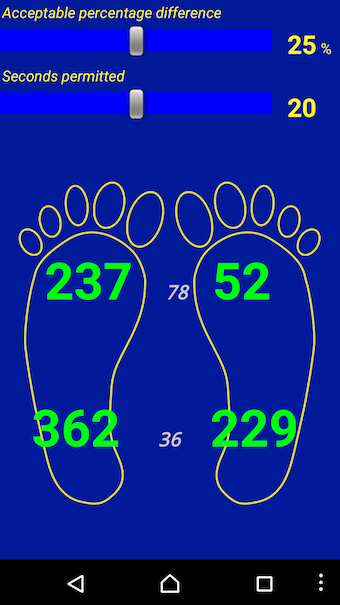Figure 1: From the J-Shoes app, the user can adjust the acceptable percentage difference, and time permitted, for the user to stand out of balance.