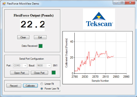 Screen capture of the FlexiForce Prototyping Kit open-source software.