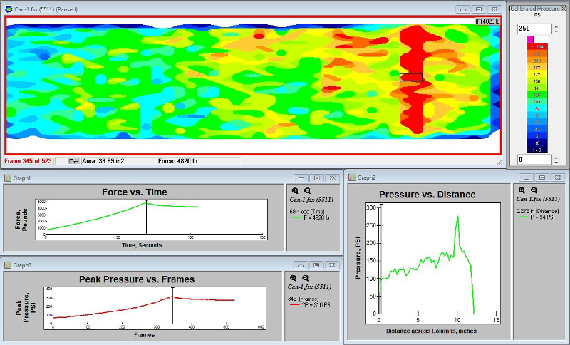 Sensor wrapped round cylindrical catalyst (from left to right) - 2D and graphical plot show higher pressures exist at the seam of the enclosure (shown in red on the right). This type of localized peak pressure could crack the catalyst.