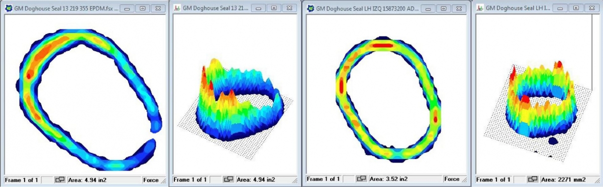 Results of comparing the sealing pressure pattern of two different &quot;dog seal&quot; designs. The 2D pressure display reveals that Design A does not offer satisfactory sealing pressure around the entire perimeter of the part. A gap is present along the seal (the blank or white region) that will likely lead to leaks and poor performance. Design B provides a more even seal along the entire perimeter of the part, and therefore is the superior design.