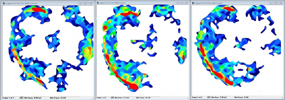 Above: 2D pressure display during comfort comparative testing.  The same style headphone was tested on three different subjects. Shown graphically: force vs. distance