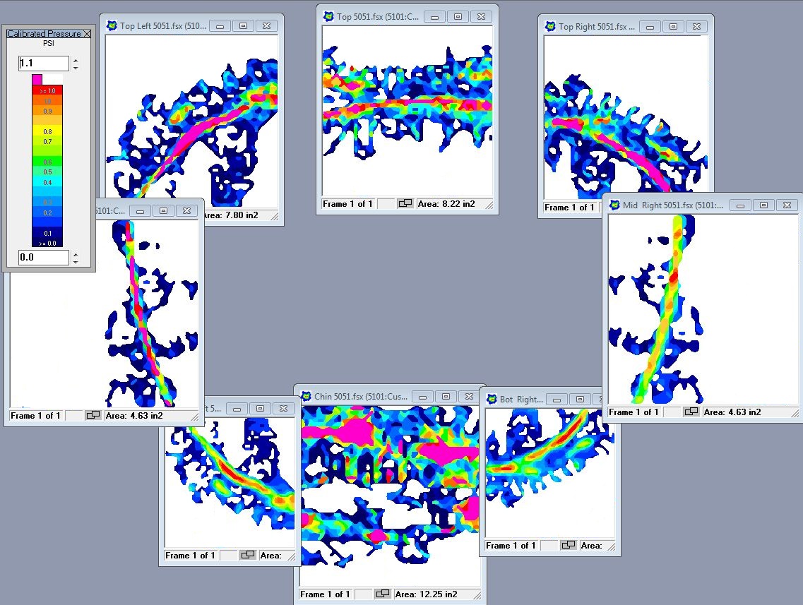 Pressure mapping images of eight sensor placements around the mask from forehead to chin (not a complete circumference). Several low pressure areas are evident in the sealing line of the mask.