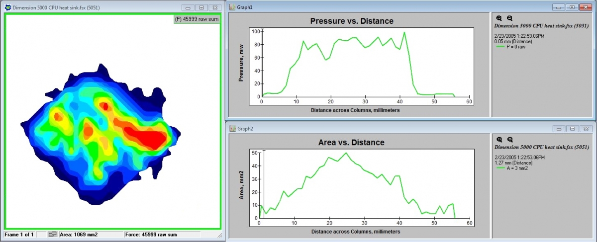 Above: 2D pressure display of a heat sink. Higher pressures are evident along the right corner, indicating that the contact area between the heat sink and heat source is not uniform.