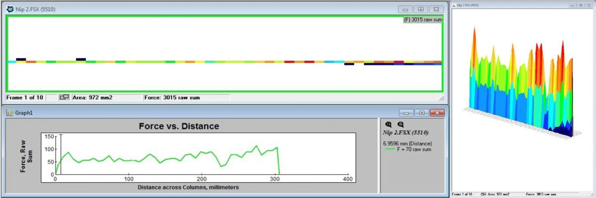 2D and 3D display of the force along the axis of the nip.