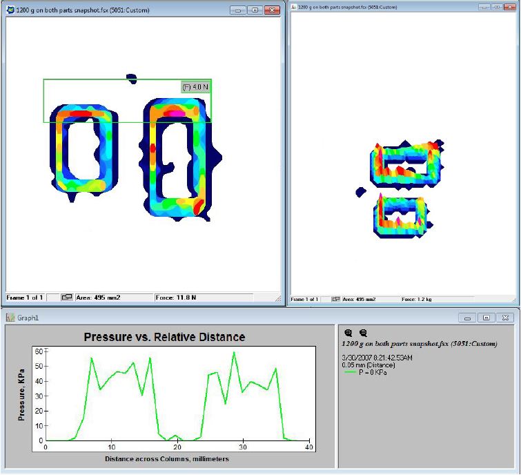 2D and 3D Pressure output display of two printer cartridge caps.  The caps were tested using sensor model 5051 for proper sealing pressures. Higher pressures were identified along the top and corners of the cartridge capts.  Uneven pressures evident in the 3D view result in gaps along the seal.