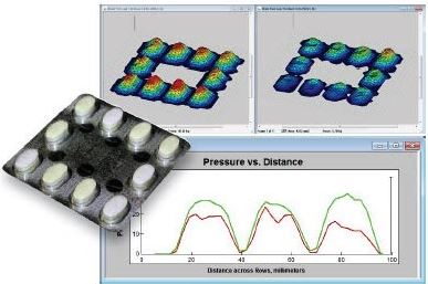 3D display of the pressure output from a pill blister pack. The image on the right clearly shows uneven pressure within the blisters due to a poor seal.