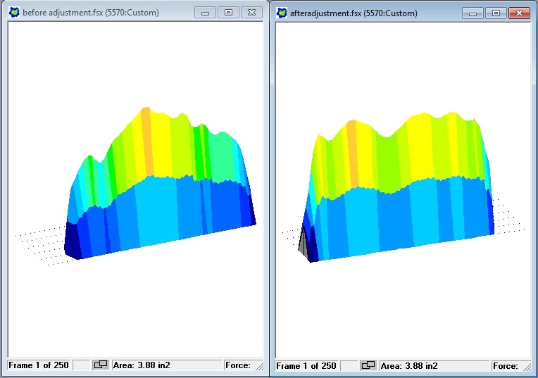 Before and after pressure output of sealing jaws. Before test taken showing weak pressures on the outside (left).  Adjustments are made, a second test is taken confirming a more even seal (right).