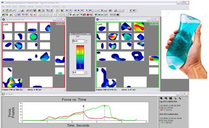 Example software screenshot displaying force and pressure in a squeeze bottle test.