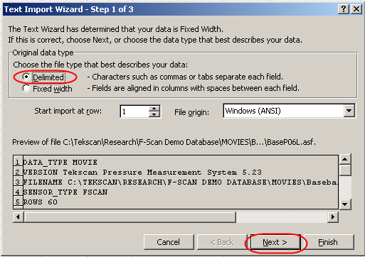 Excel dialog box - Text Import Wizard Step 1 of 3
